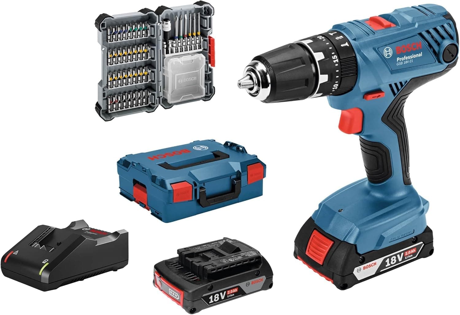 Bosch Professional 18V System GSB 18V-21 - Broca de percussão a bateria (55 Nm, 1800 rpm, 2 baterias x 2,0 Ah, conjunto 40 pontas, em L-BOXX) - Amazon Exclusive