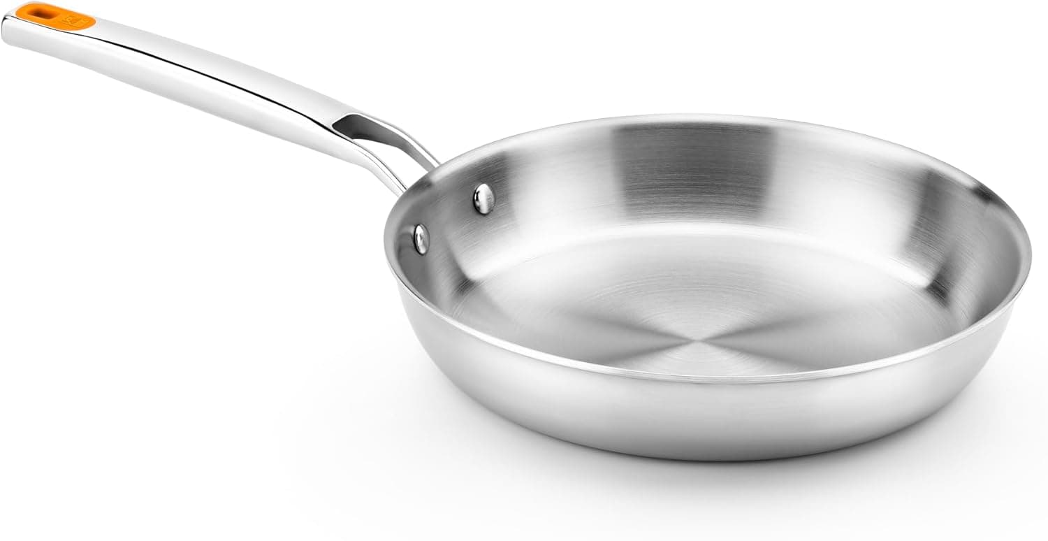 BRA Frigideira eficiente eficiente Inox Triply 24 cm, aço inoxidável 18/10, sem antiaderente com difusor triplo fundo forjado, sem PFOA, cabo rebitado