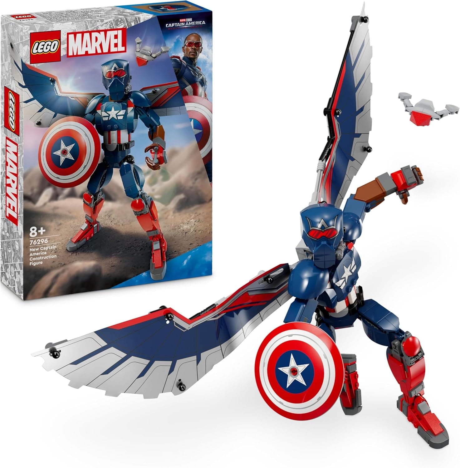 LEGO Marvel Figura para construir: Novo capitão América de ação, brinquedo de super-heróis, presente de Vingadores para meninos e meninas de 8 anos ou mais, jogo de ação 76296