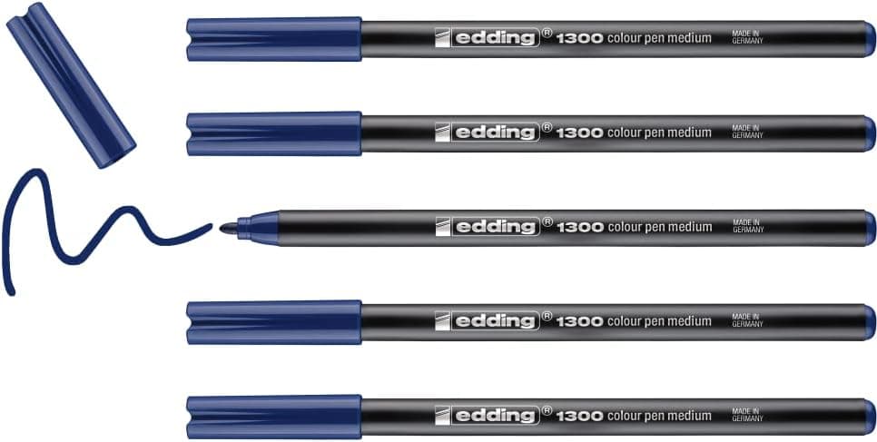 edding 1300 Marcador de cor de traço médio - azul aço-x5 - ponta arredondada 2 mm - marcador para desenhar e escrever - marcador para a escola, mandalas, Bullet Journals
