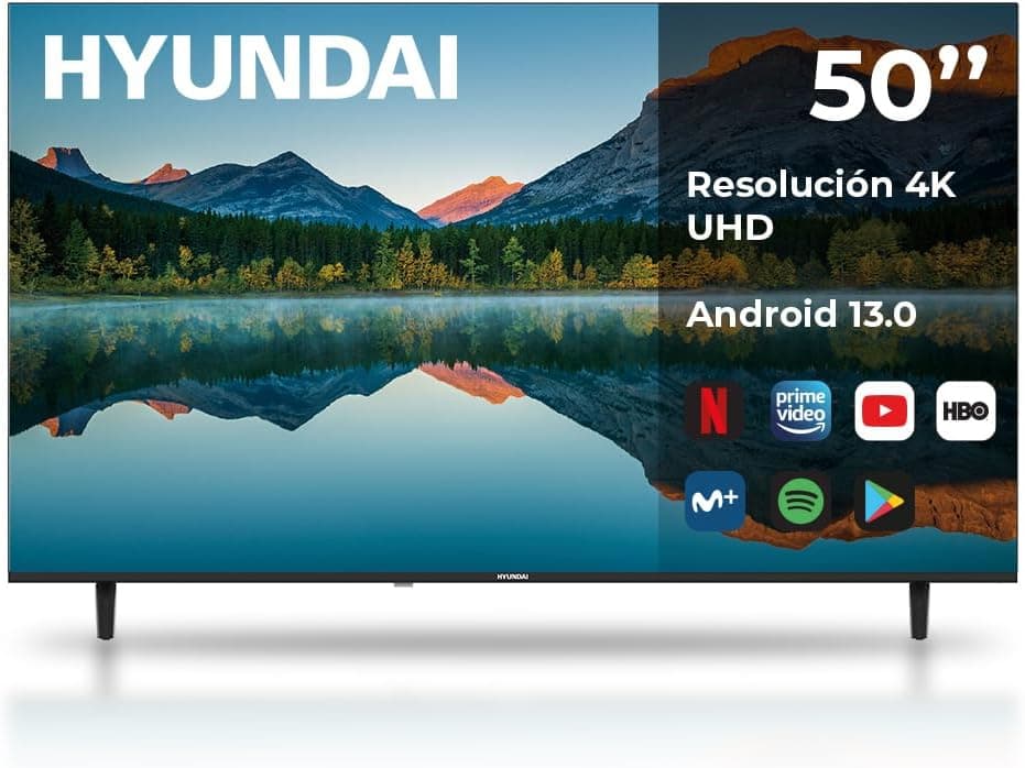 Hyundai Smart TV TFT 50 HTV5000UA Ultra HD DVBT2-S2 E preto Android 13.0 comando com acesso direto a Apps Conex 
