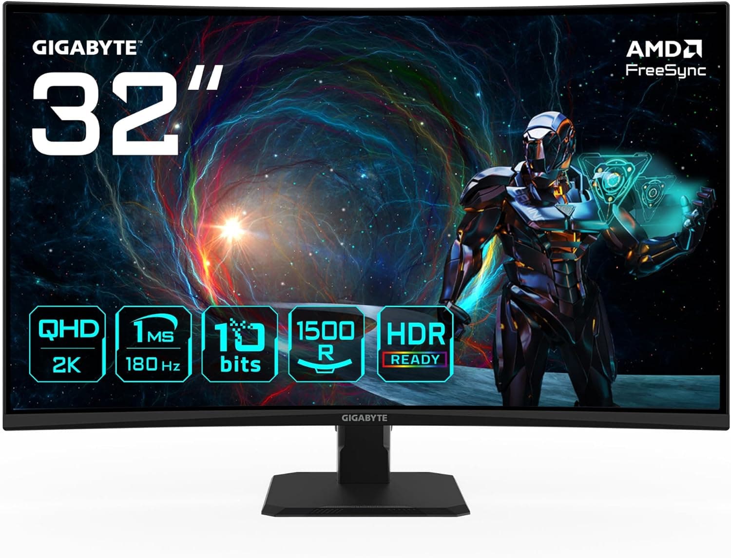 Gigabyte GS32QCA Monitor curvo de 31,5" para Gaming QHD 2560 x 1440, 180Hz, 1 ms, 250 CD/m², FreeSync, HDR Ready, HDMI 2.0, DisplayPort 1.4