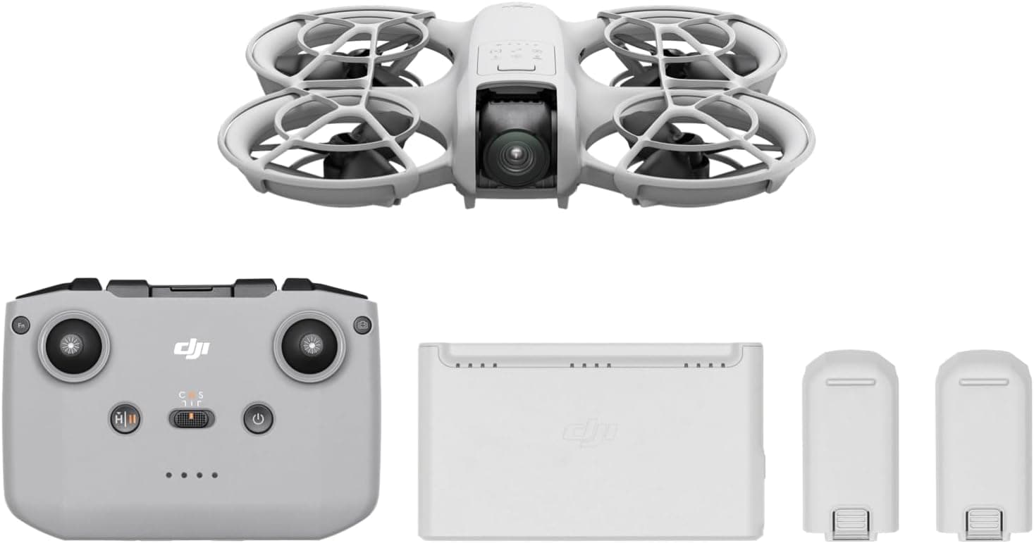 DJI Pack Neo Voe mais, mini drone com câmara 4K UHD para adultos, 135 g drone que voa seguindo-o, descola da mão, rastreamento de objetivos, QuickShots, vídeo estabilizado, com RC-N3 e 3 baterias