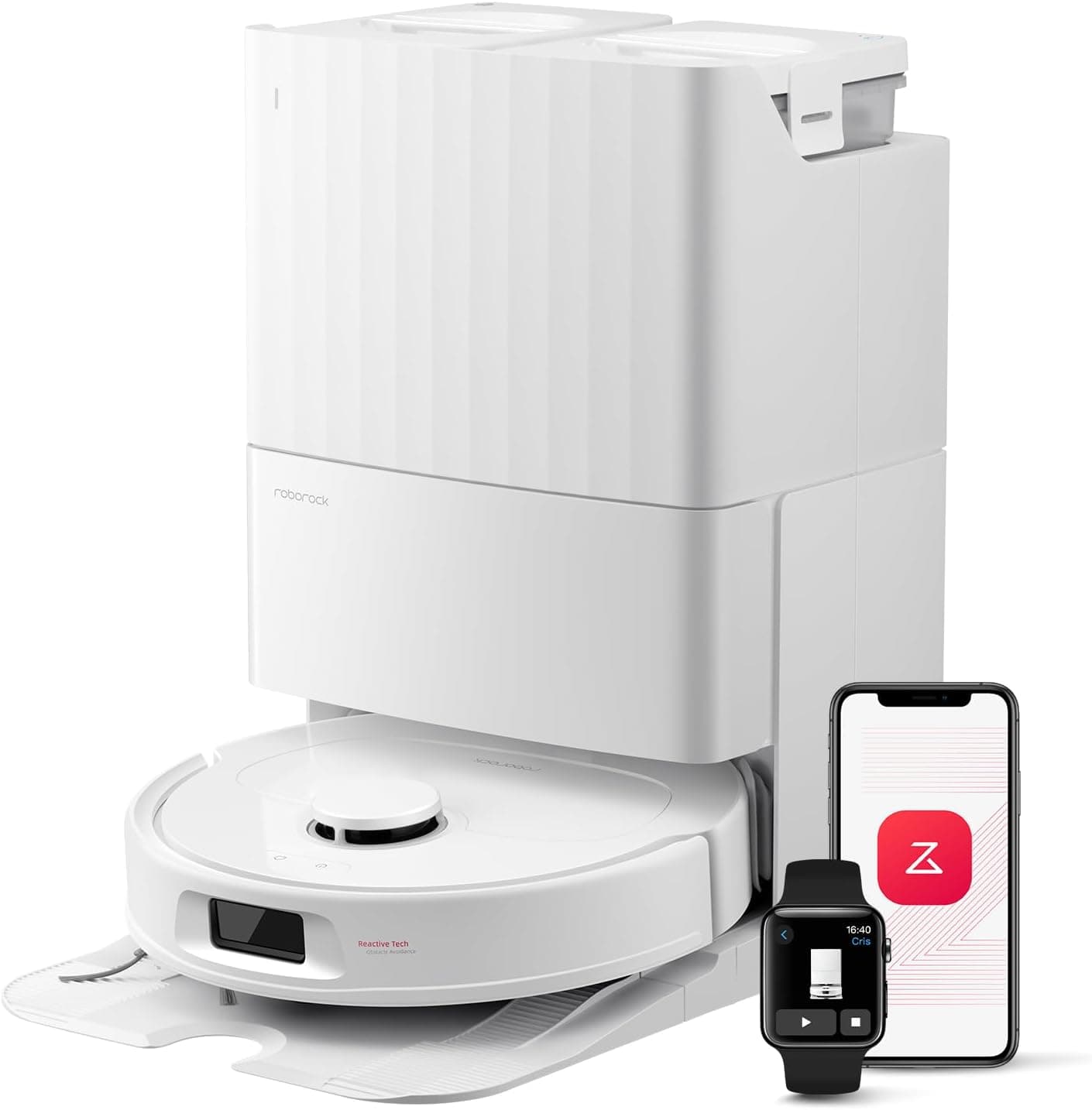 roborock QV 35S Robot Aspirador, sucção HyperForce de 10000 Pa com base multifuncional, escovas duplas anti-embaraços, 2 copas giratórias elevação automática de 10 mm, limpar e secar automático