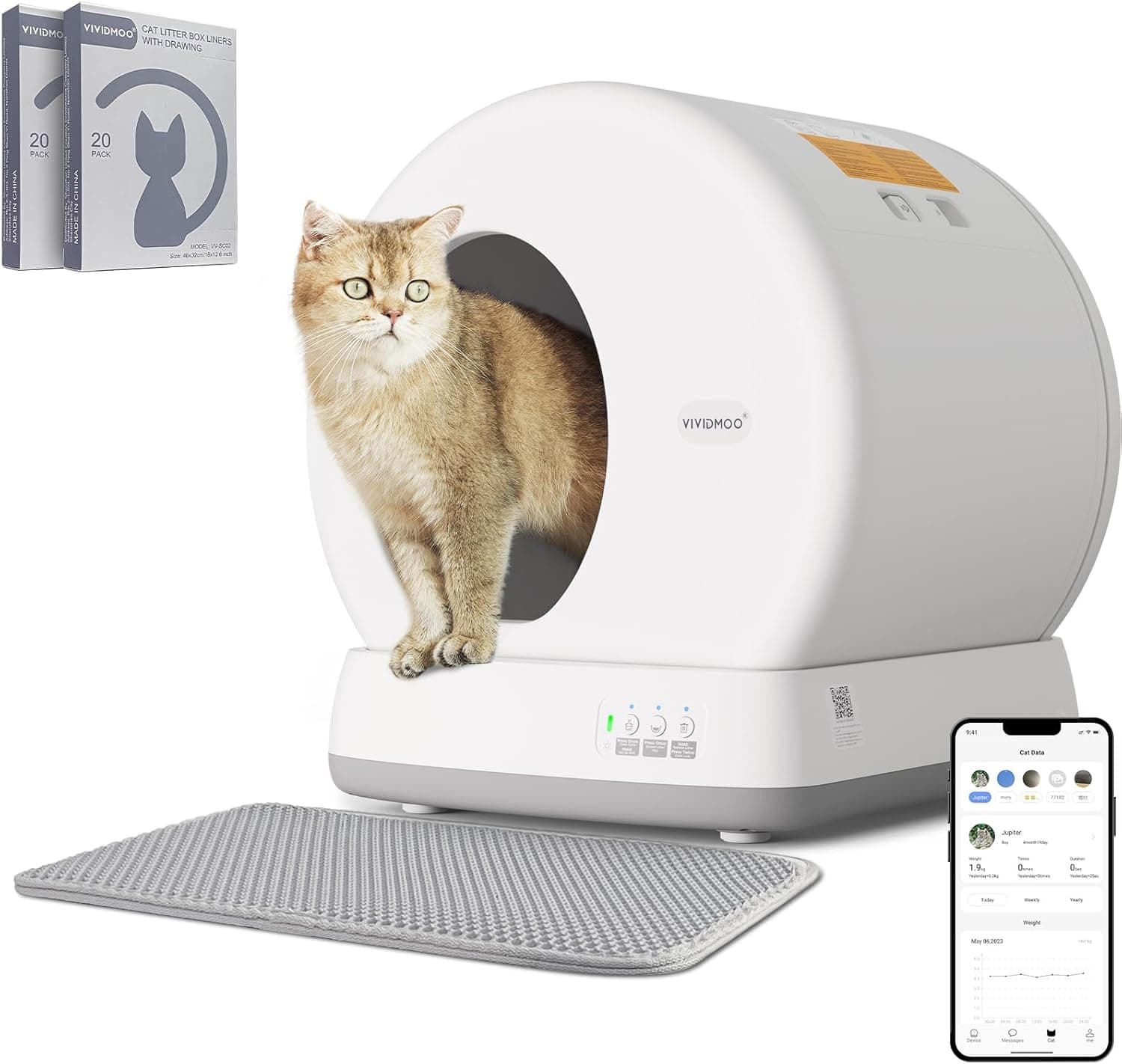Areia gatos auto-limpeza, caixa de areia automática com vários gatos, 57,6 l sanita para gatos/isolamento a odores/sanita inteligente gatos controlado por App/com tapete / com saco de lixo