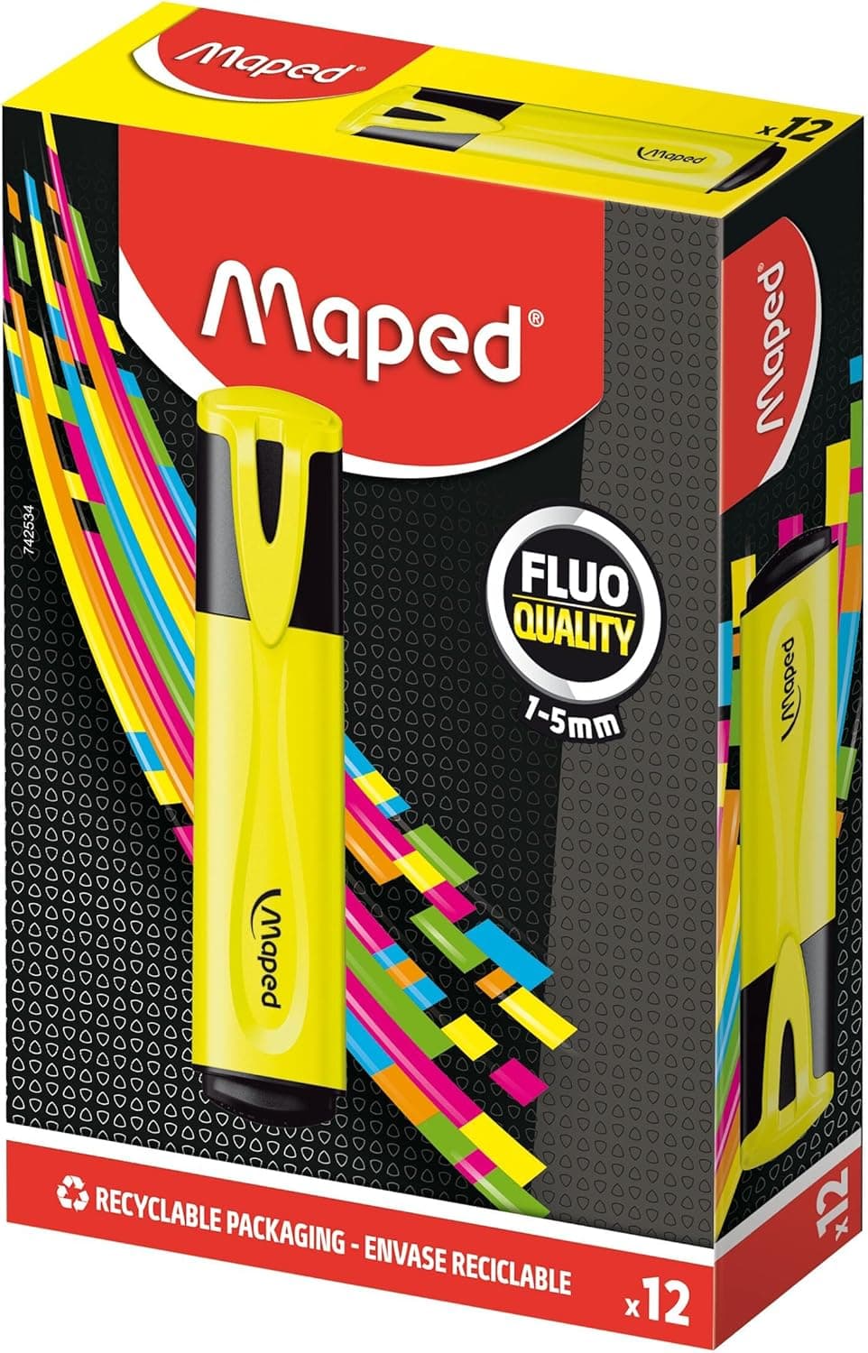 Maped - Pacote de sublinhadores - Sublinhador clássico, 12 sublinhadores de cor amarela, design com ponta chanfrada, traço de 1 a 5 mm, tampa de pressão, ideal para classe ou escritório