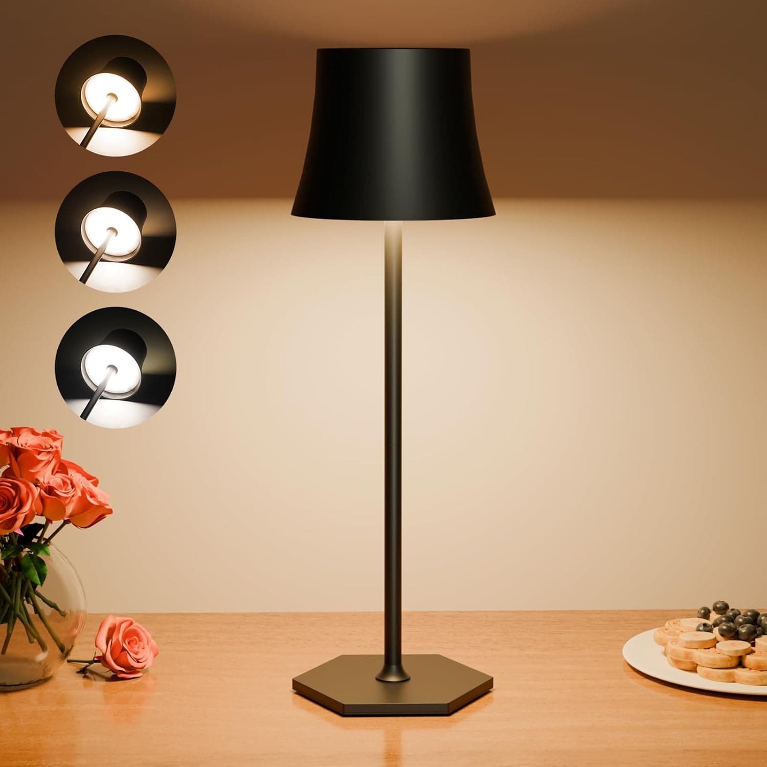 Tyonto Candeeiro de mesa LED sem fios, candeeiros de mesa 3 temperaturas, cor ajuste tátil, 5000 mAh, recarregável USB