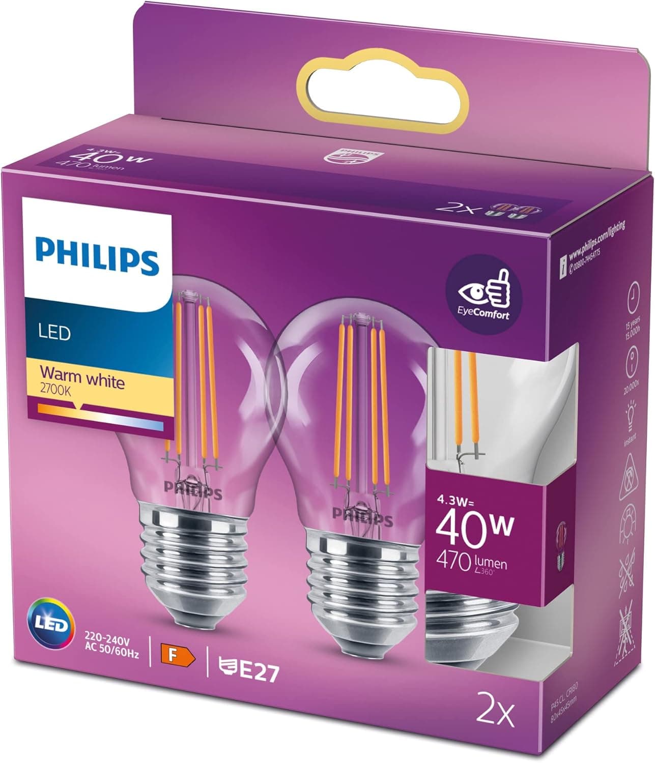 Philips - Lâmpada LED de vidro 40W P45 E27 luz branca quente, transparente, não regulável pack 2 