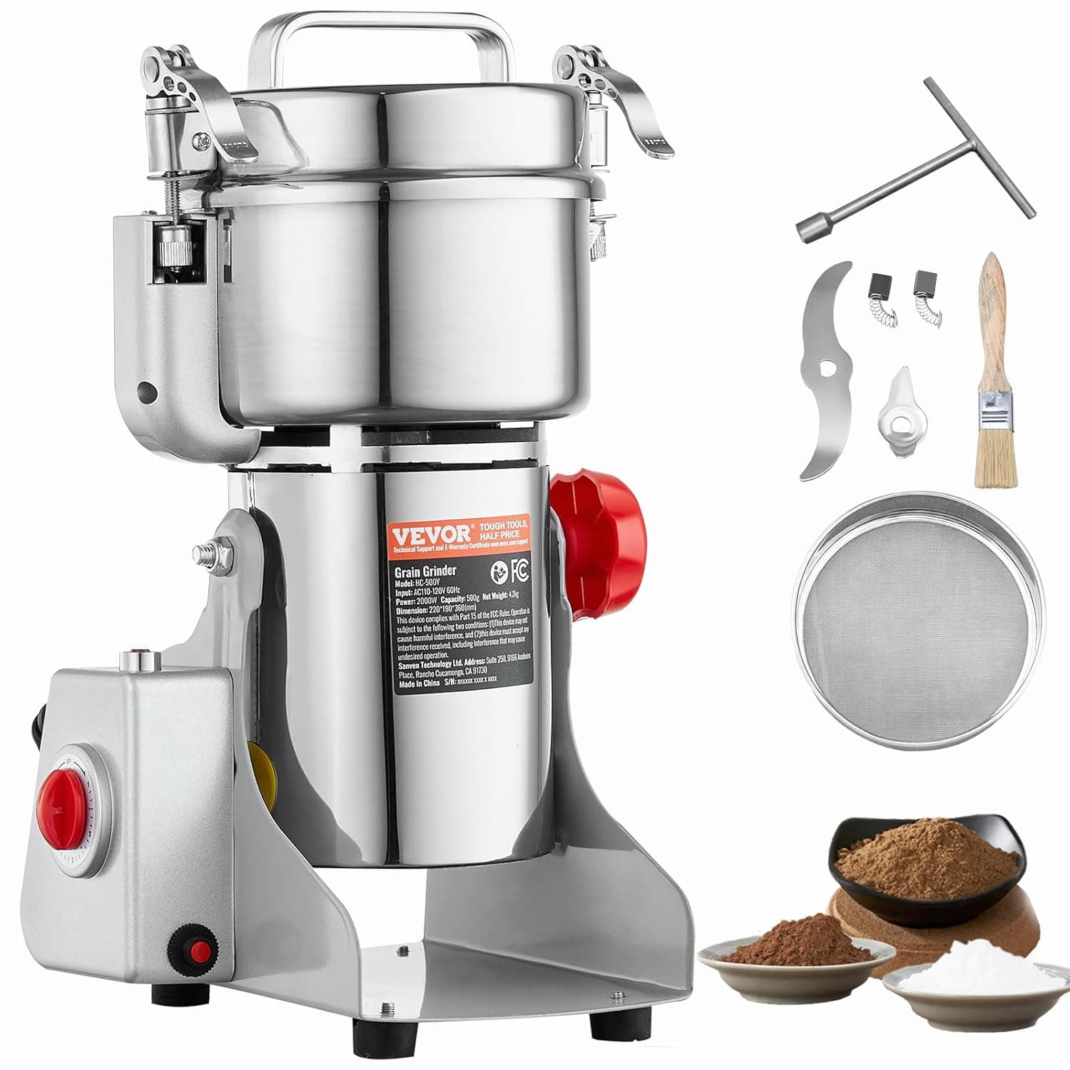VEVOR Moedor de especiarias comercial capacidade de 500 g moedor de cereais elétrico 2000 W moinho de alta velocidade 28000 rpm para grãos secos especiarias cereais café milho pimenta