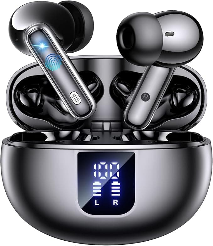 EUQQ Auriculares sem fios-Bluetooth 5.4 com modo transparente, ANC&ENC cancelamento de ruído profundo, microfone estéreo, 46 horas de reprodução, ecrã LED, IP7 impermeável