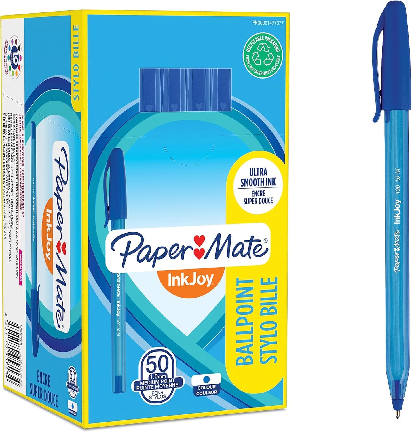 Paper Mate InkJoy 100ST Caneta esferográfica com tampa | ponta média (1,0 mm) | azul | caixa de 50