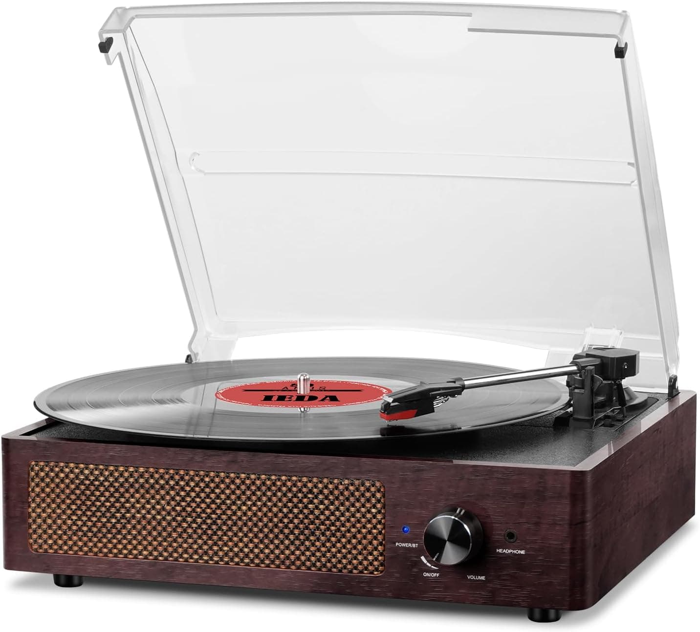 Gira-discos em vinil, reprodutor de vinil gira-discos vintage Bluetooth com altifalantes incorporados, 3 velocidades de 33/45/78 RPM, giratória-discos de vinil, saída RCA/Aux em castanho