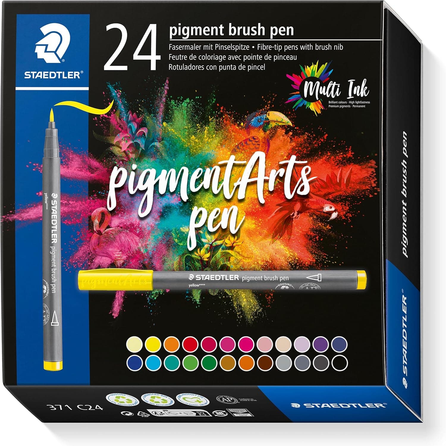 STAEDTLER Brush Pen Pigment Arts, cores sortidas, ponta do pincel para largura de linha variável, impermeável, secagem rápida, 24 marcadores em cores sortidas em estojo de cartão, 371 C24