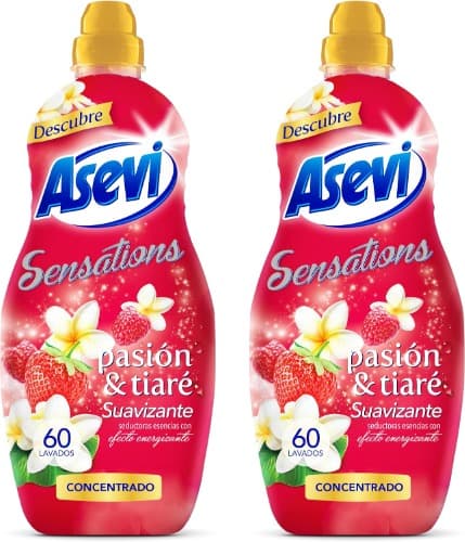 Asevi Sensations Passion & Tiare | Amaciador concentrado com fragrância energizante e essências naturais para todos os tipos de tecidos, 60 lavagens, 1,32 l x 2