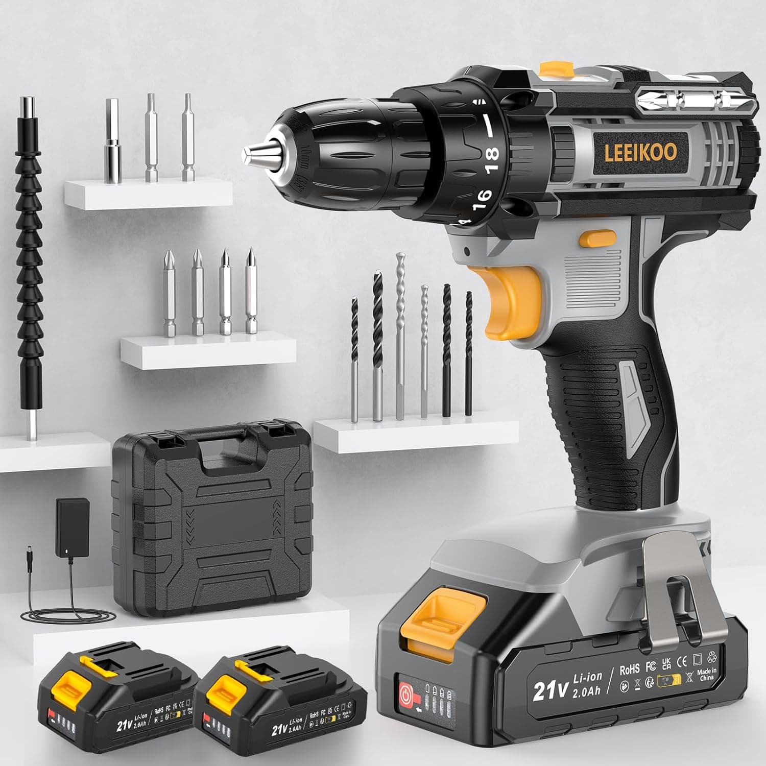 Broca parafuso bateria, LEEIKOO parafuso elétrico 21 V, 42 N.m com 2 baterias 2,0 Ah, 18 + 1 ajuste de par, 2 velocidades, luz LED, 14 acessórios para casa, bricolagem, cinzento