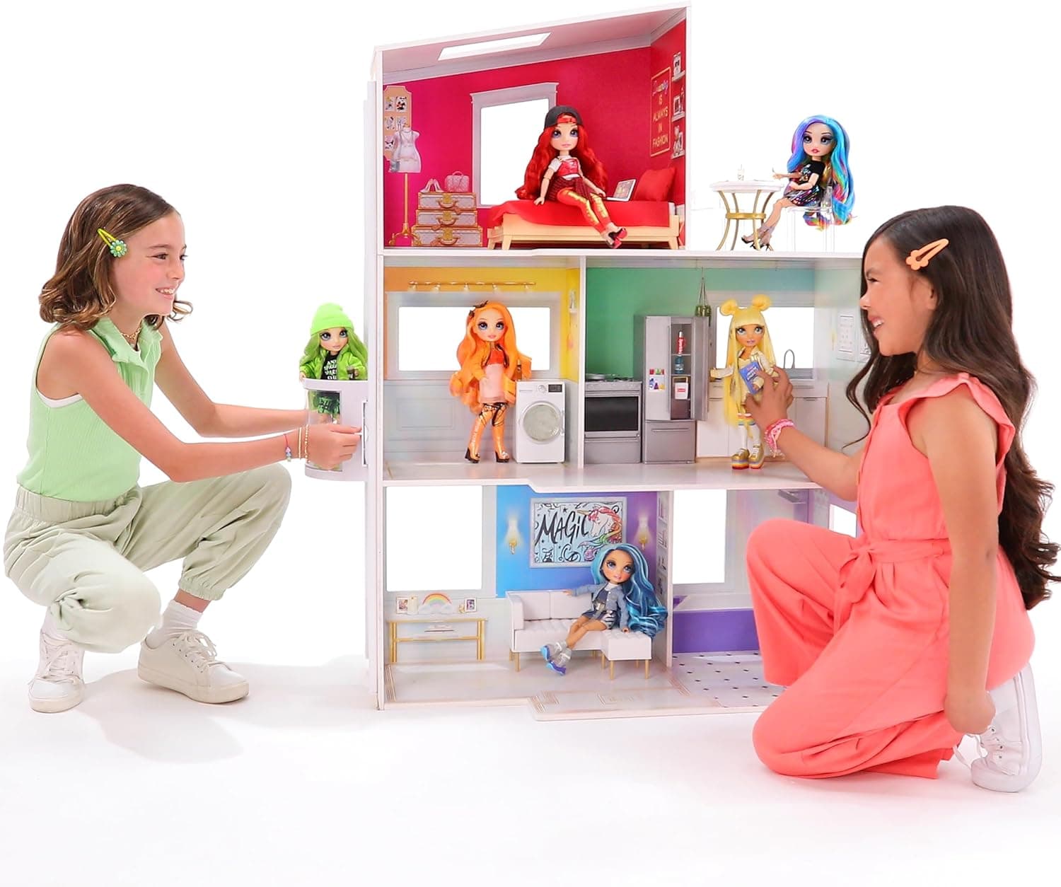 Rainbow High Townhouse: Casa de bonecas de madeira de 3 andares com 5 quartos e terraço no terraço - casa de moda mobilada com elevador e acessórios de jogo - para crianças dos 4 aos 12 anos