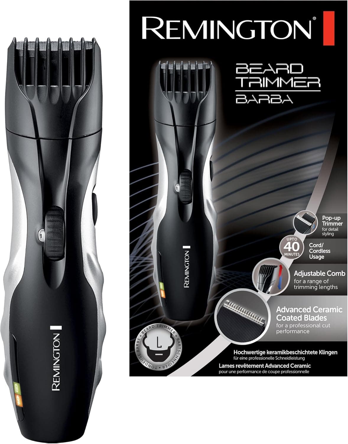 Remington Aparador de barba Ceramic Beard, barbeiro com cabo e sem fio, lâminas de cerâmica, 9 configurações de comprimento, ajuste de comprimento da roda zoom ajuste de comprimento, 40 min
