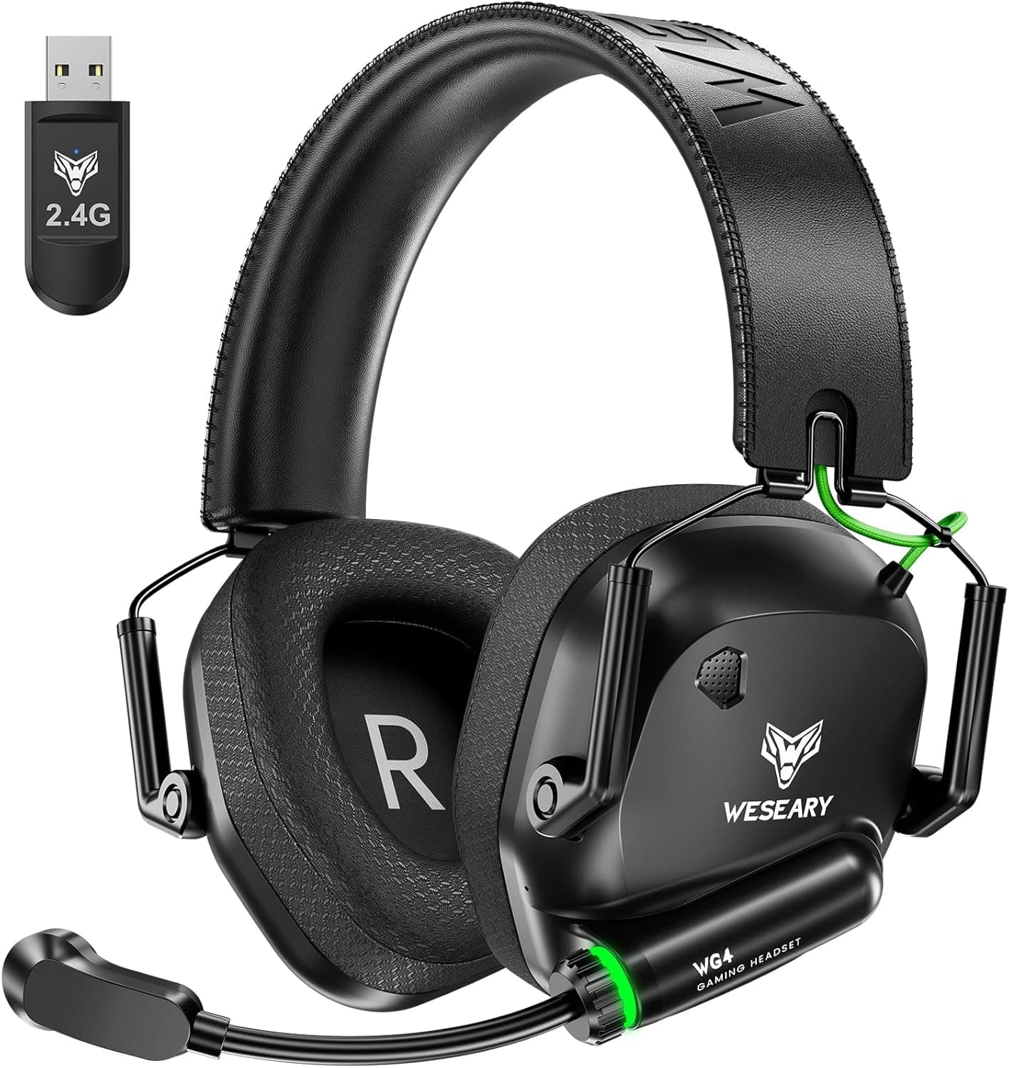 WESEARY WG4 Capacetes Gaming sem fios, auriculares Gaming de 2,4 G para PS5, PS4, PC, Switch, telemóvel, som estéreo auriculares com microfone, capacetes com luz LED, duração 45 Hr +