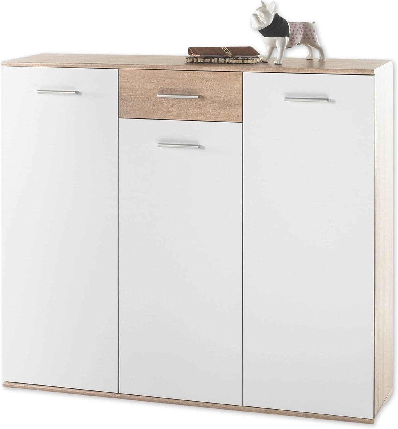 Stella Trading MANOLO | Móvel sapateira de 3 compartimentos em branco e carvalho Sonoma para poupar espaço, 135 x 118 x 35 cm