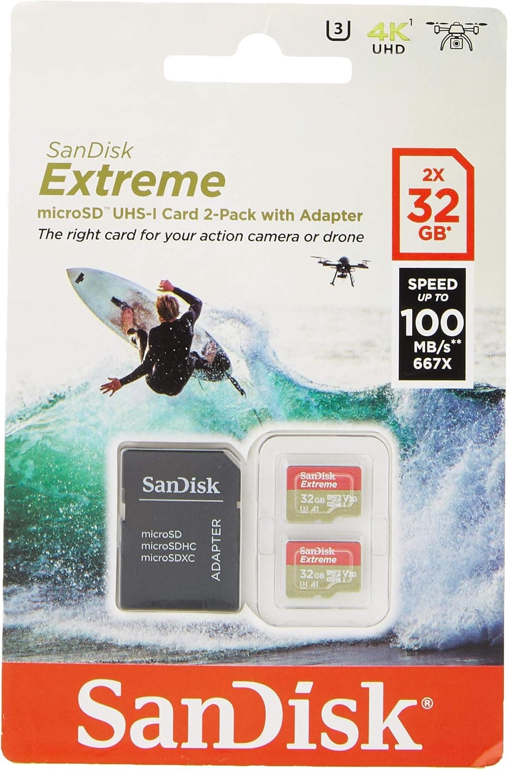 (Pack 2) Cartão de memória microSDhC SanDisk Extreme de 32 GB, A1 Desempenho de até 100 MB/s, classe 10, U3, V30, Twin Pack
