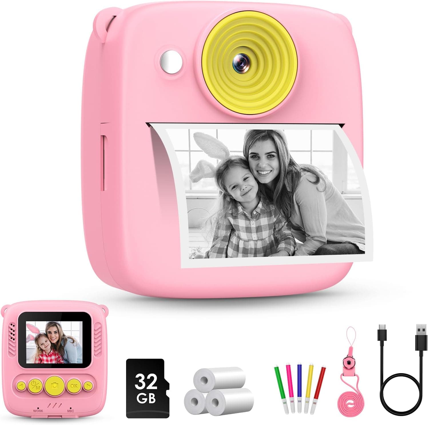 Gofunly Câmara com fotos infantis instantâneas, 2,0 polegadas câmara fotográfica instantânea para crianças com cartão de 32 GB e papel fotográfico, 1080P HD câmara de vídeo