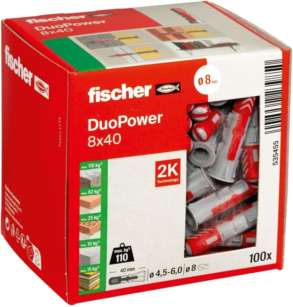 Fischer DUOPOWER 8x40 | Caixa com 100 buchas universais de alta performance para fixação em betão, tijolo, pedra e pladur
