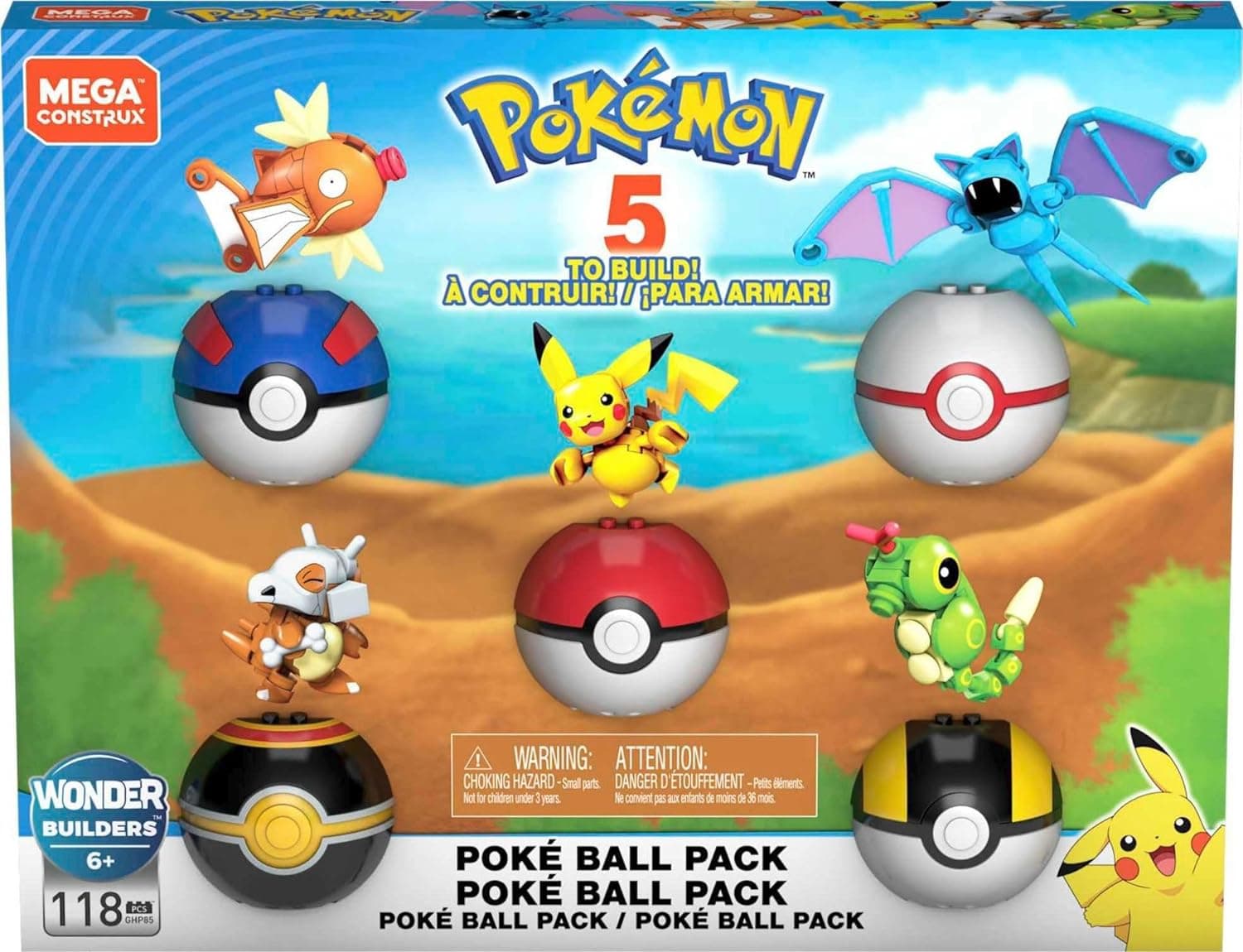 MEGA Construx Pokémon Pack 5 Pokeballs Bloques de construcción con Personajes, 118 Piezas, Juguete +6 años (Mattel GHP85)