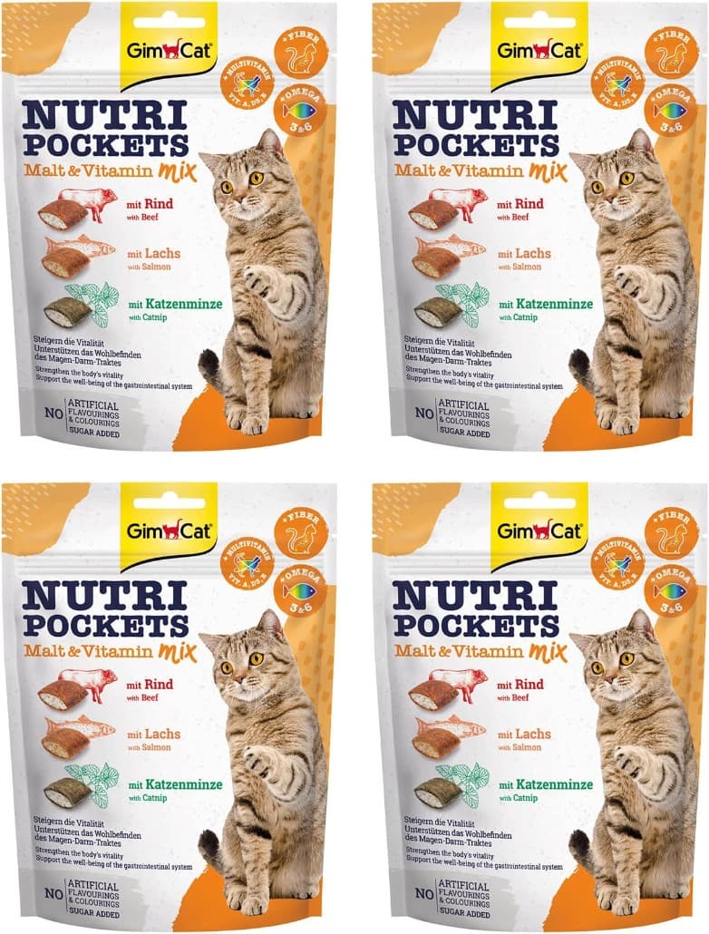 GimCat Nutri Pockets Mistura de malte e vitaminas - Snack crocante para gatos, com enchimento cremoso e ingredientes funcionais, 150 g x 4