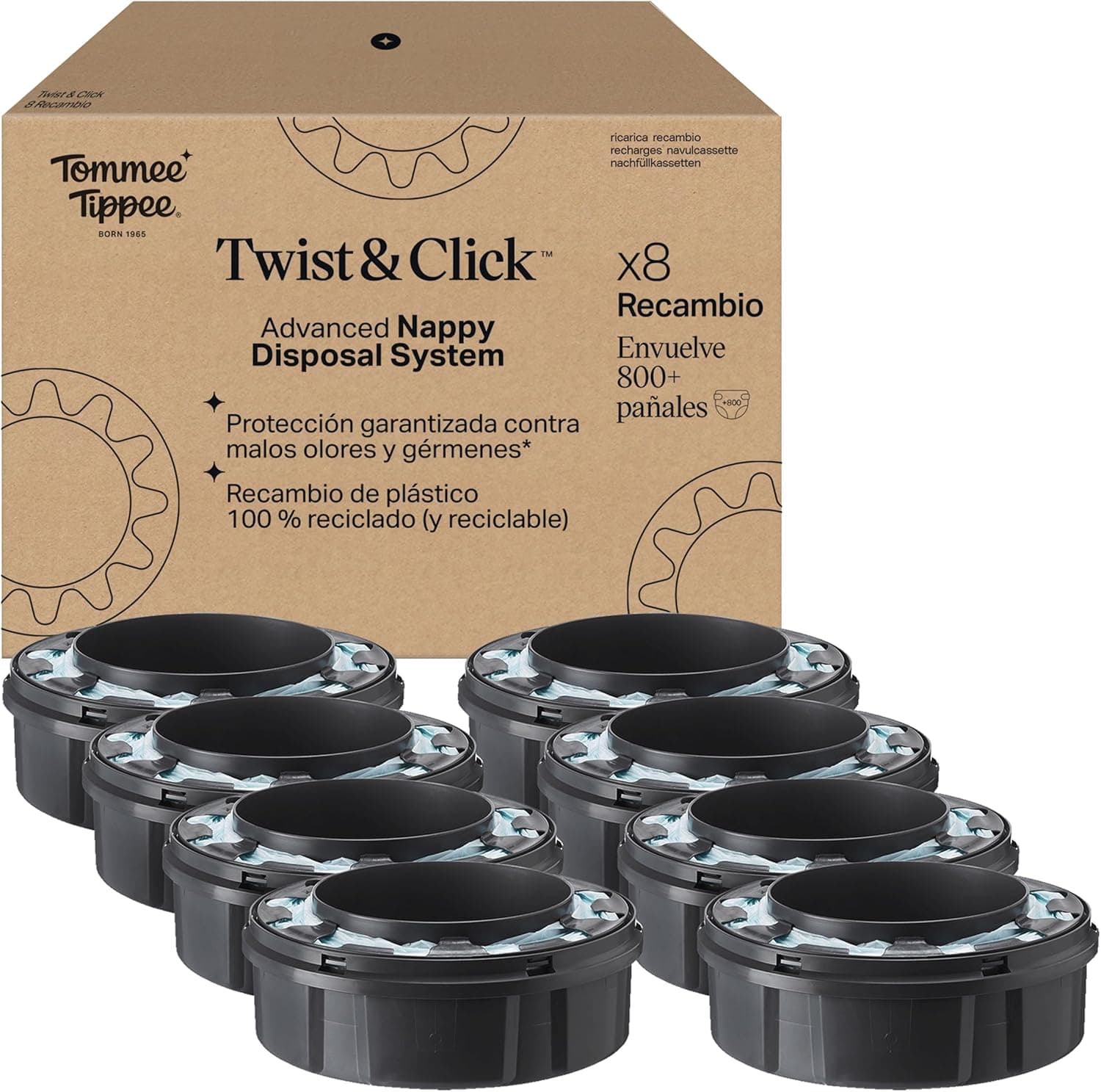 Tommee Tippee Substituição original para recipiente avançado de fraldas Twist and Click, pacote exclusivo de 8, fácil de trocar e muito económico