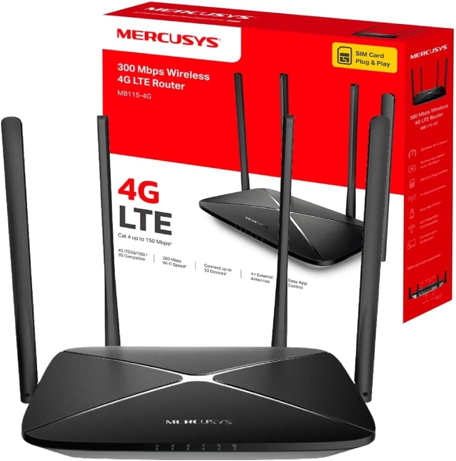 Mercusys MB115-4G | Router 4G LTE sem fios até 300 Mbps com 4 antenas e suporte para 32 dispositivos