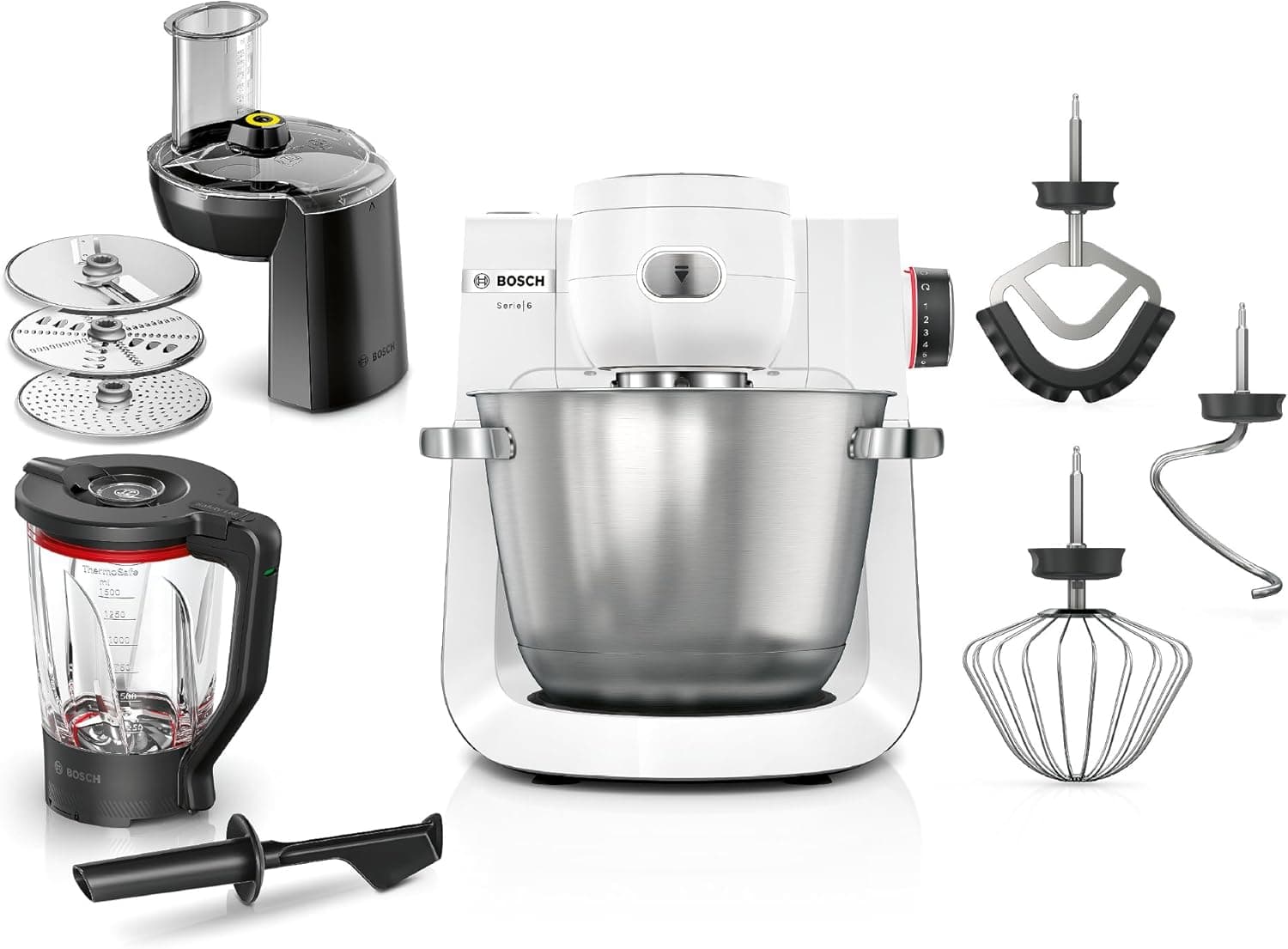 Bosch - Robô de cozinha, série 6, 1600 W, amassado planetário 3D, conjunto de pastelaria, triturador, liquidificador ThermoSafe, branco, MUMS6EW22