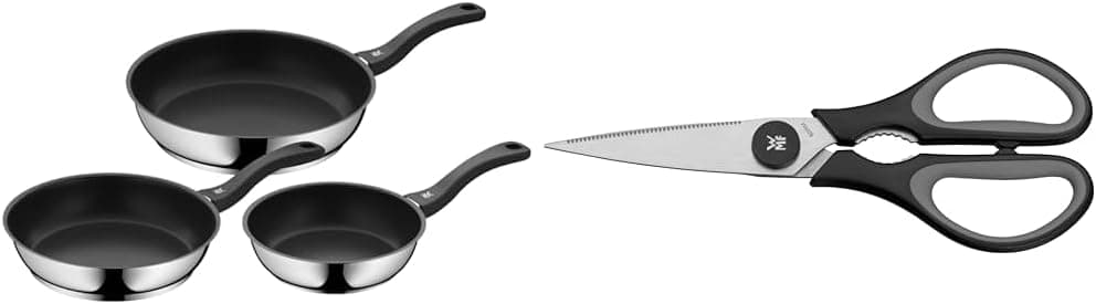 WMF Devil Conjunto de 3 frigideiras anti-aderentes 20-24 - 28 cm, frigideira de aço inoxidável e revestida & Touch - tesouras de cozinha, aço inoxidável, preto, 21 cm, tesouras para casa