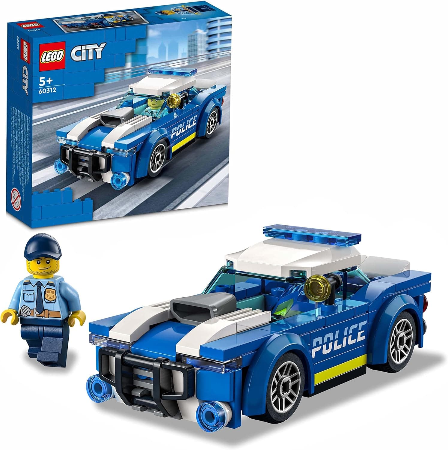 LEGO Kit de construção City 60312 carro de polícia; para crianças a partir dos 5 anos; inclui uma minifigura de um policial com uma lanterna de brinquedo e um boné de polícia (94 peças)