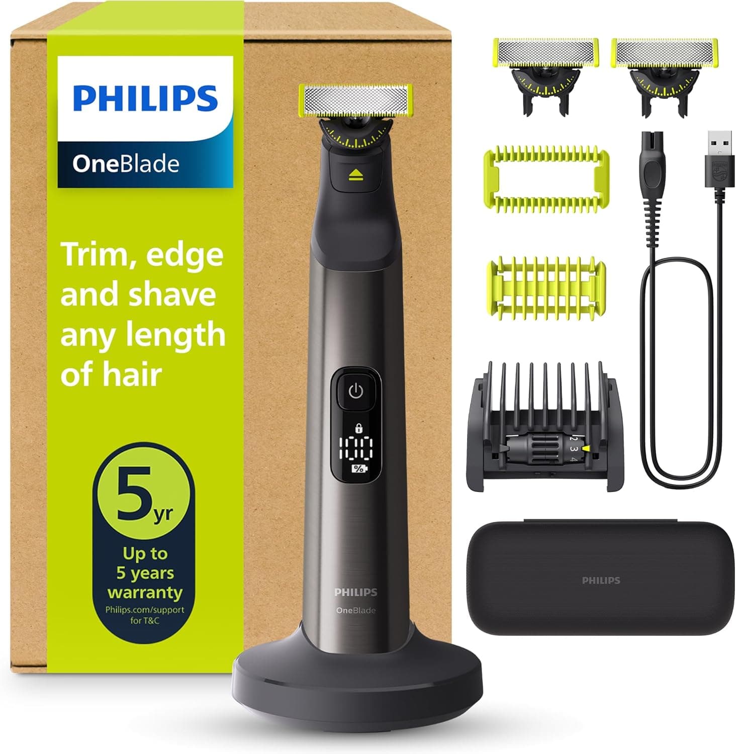 Philips OneBlade Pro 360 Barbeiro, máquina de barbear e aparador elétrico facial e corporal, 3 lâminas de 360º, pente de 20 comprimentos, kit corporal, suporte de carga, estojo de viagem, preto