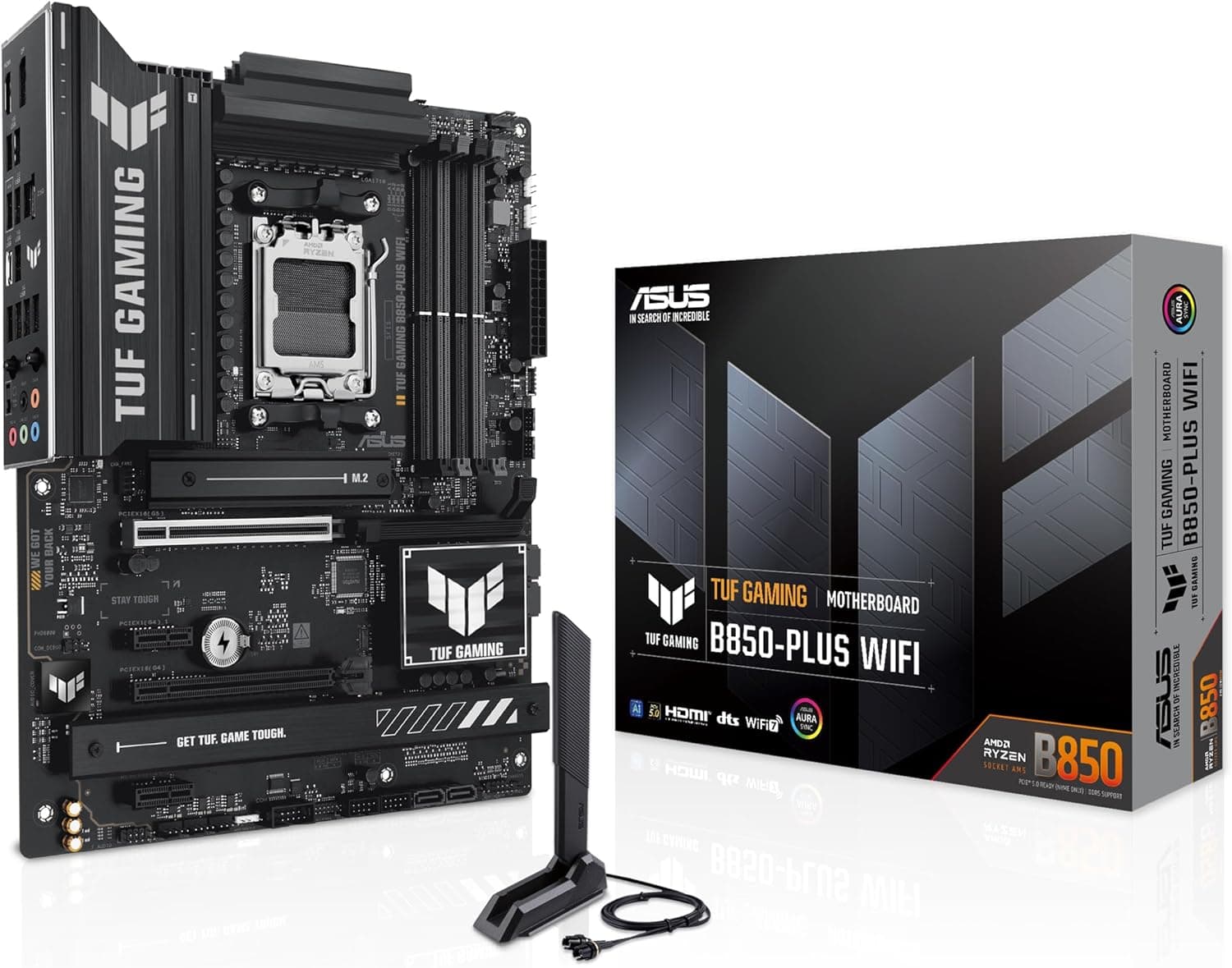 ASUS TUF GAMING B850-PLUS WIFI Placa mãe AMD ATX, 14 + 2 1 etapas de potência DrMOS 80A, DDR5, PCIe 5.0, 3 ranhuras M.2, WiFi 7, Realtek 2,5 Gb Ethernet, DisplayPort, HDMI, USB 20 Gbps Tipo-C. , Aura