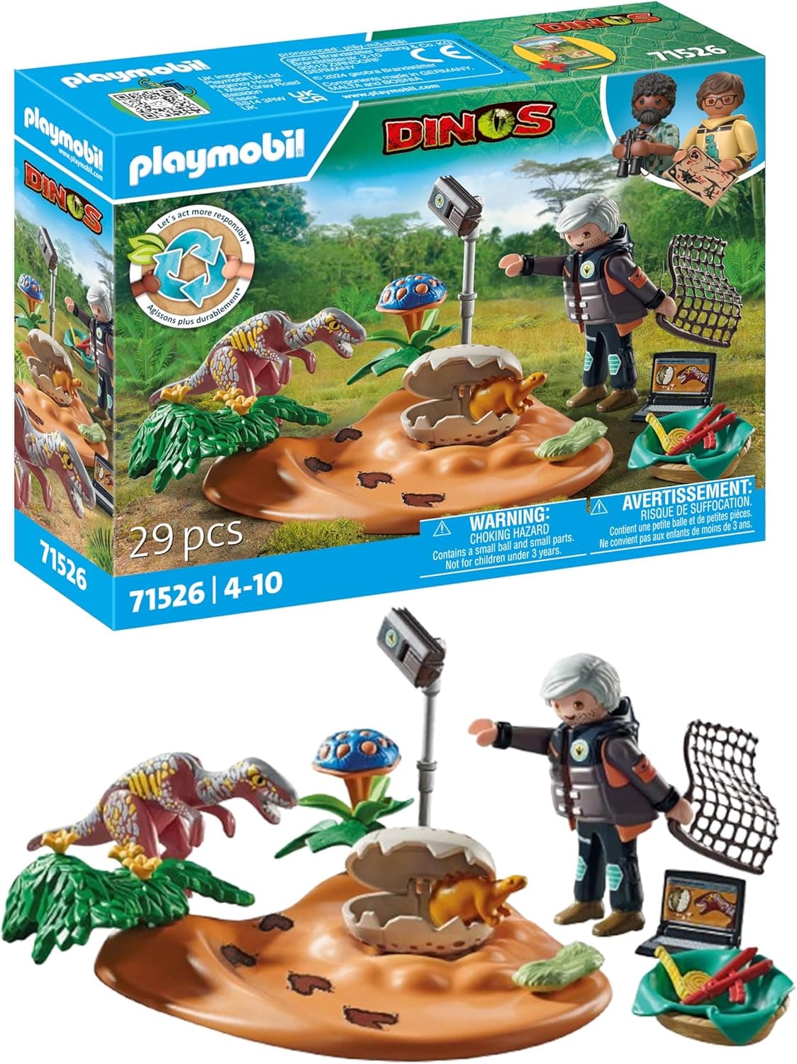 PLAYMOBIL Dinos 71526 ninho de estegossauro com ladrão de ovos, proteção contra ovos de dinossauro, inclui rede, fita métrica e câmara, brinquedos detalhados para crianças a partir de 4 anos