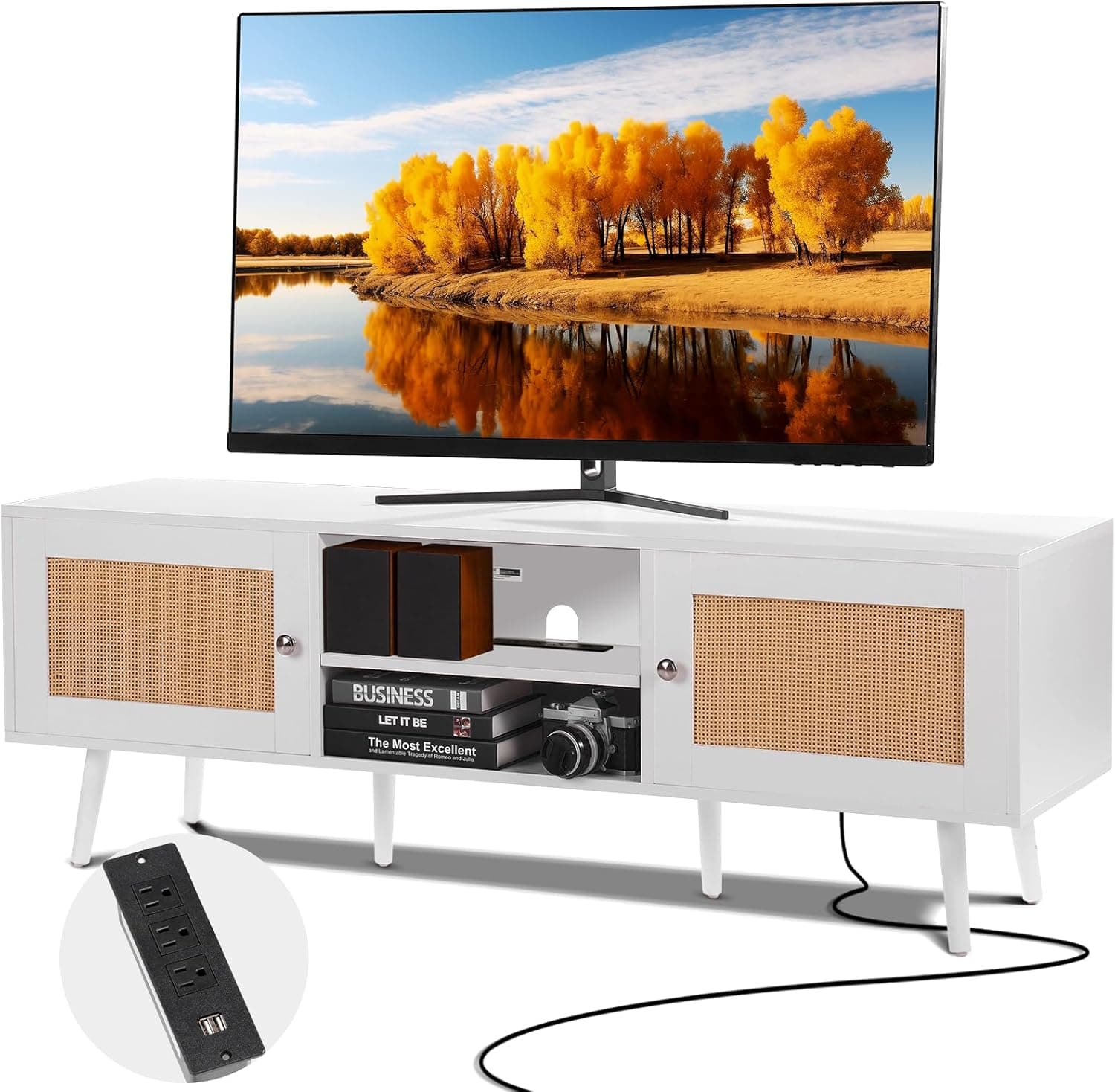 VEVOR Suporte de TV de rato branco, móvel boémio moderno 1400 x 400 x 500 mm, consola com prateleiras ajustáveis para sala de estar e multimédia