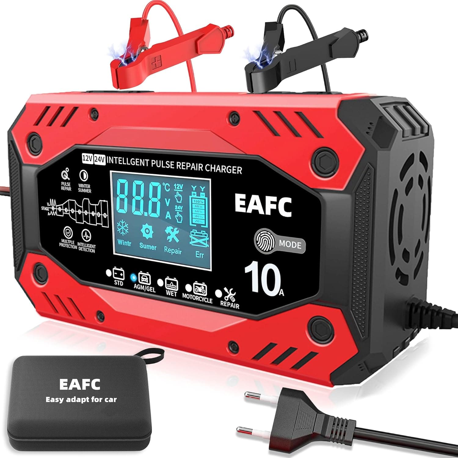 Carregador de bateria de carro EAFC 10A Smart carregador de bateria totalmente automático com compensação de temperatura para carregamento de baterias de ácido chumbo para cortadores de relva, carros