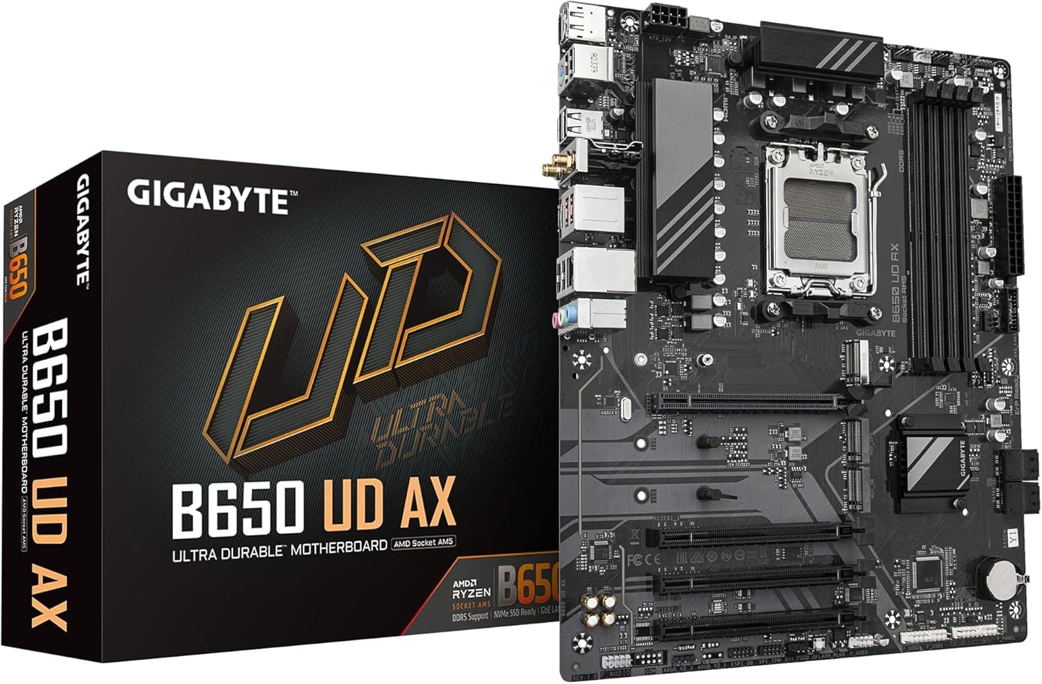 GIGABYTE B650 UD AX Placa base - compatível com CPUs AMD Ryzen série 9000, VRM de 6 2 + 2 Fases, até 7600 MHz DDR5 (OC), 1 PCIe 5,0 + 2 X PCIe 4,0 M,2, LAN GbE. Tamanho único I 6, USB 3.2 Gen 2