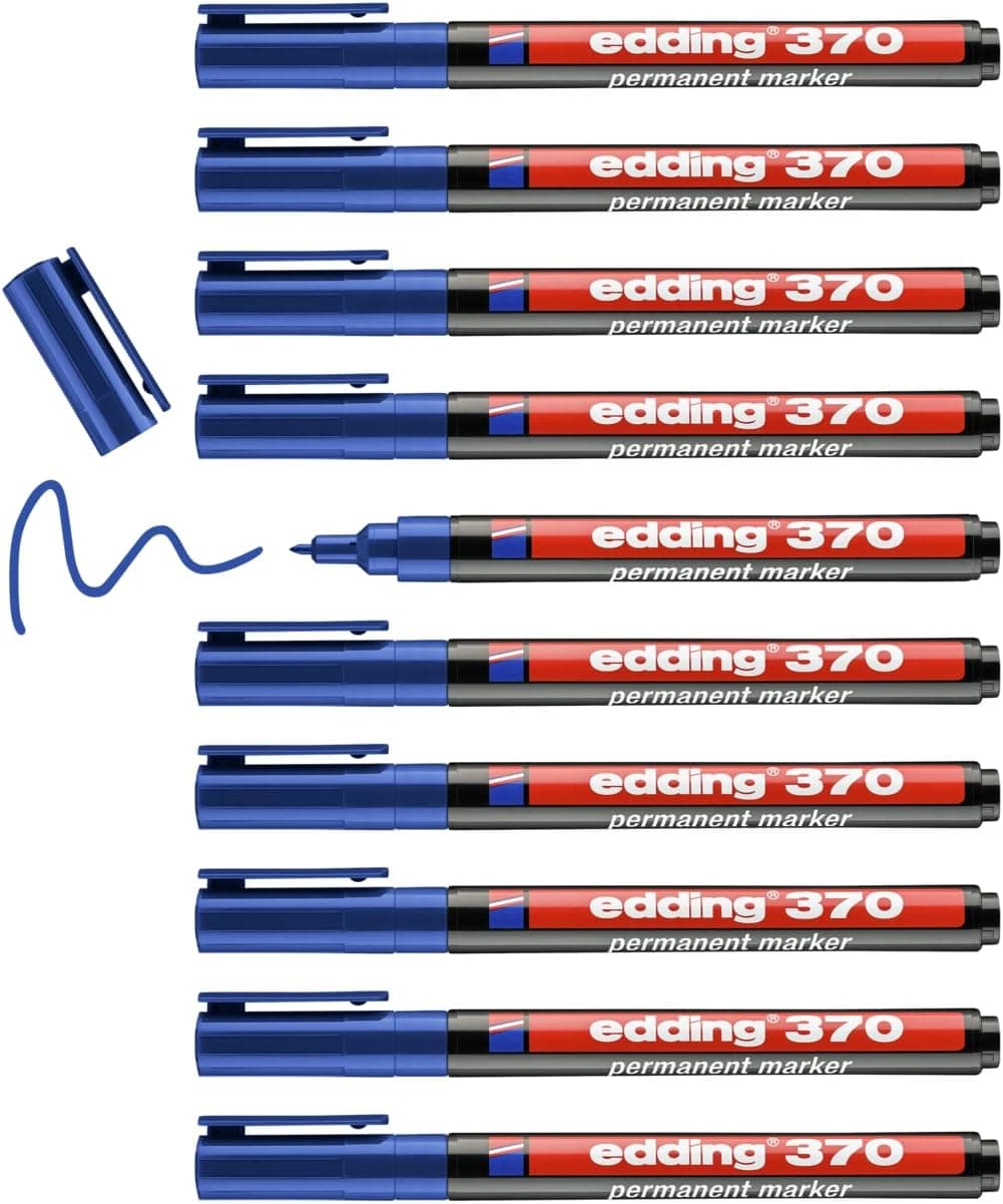 edding 370 - Azul - 10 marcadores - ponta arredondada fina, 1 mm, impermeável, secagem rápida - multiuso, universal - para cartão, plástico, madeira, metal, vidro, pedra, tela