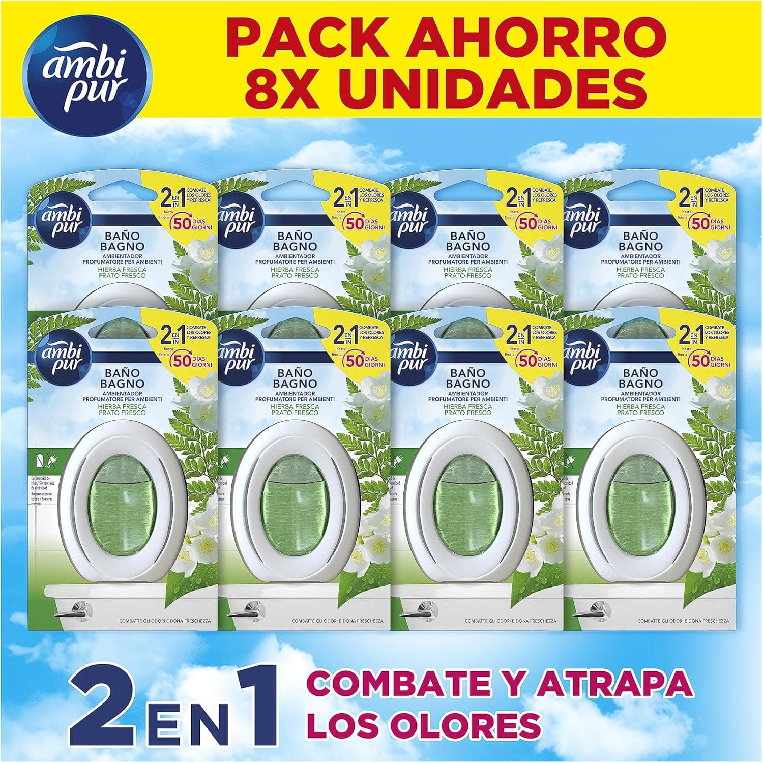 Ambipur Ambientador casa de banho (8 x 50 dias), elimina e evita odores ruins, fragrância erva fresca, mega pack, a embalagem pode variar
