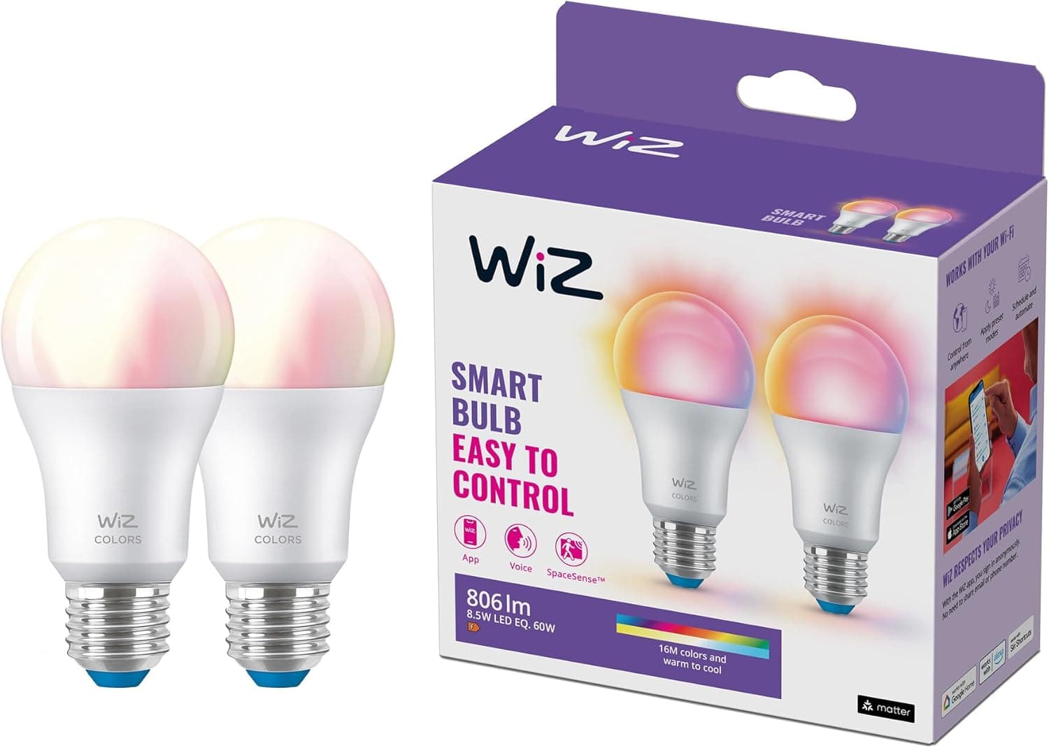 WiZ - Lote de 2 lâmpadas conectadas Wi-Fi cor, equivalente a 60 W, casquilho E27, funciona com Alexa, Google Assistant 