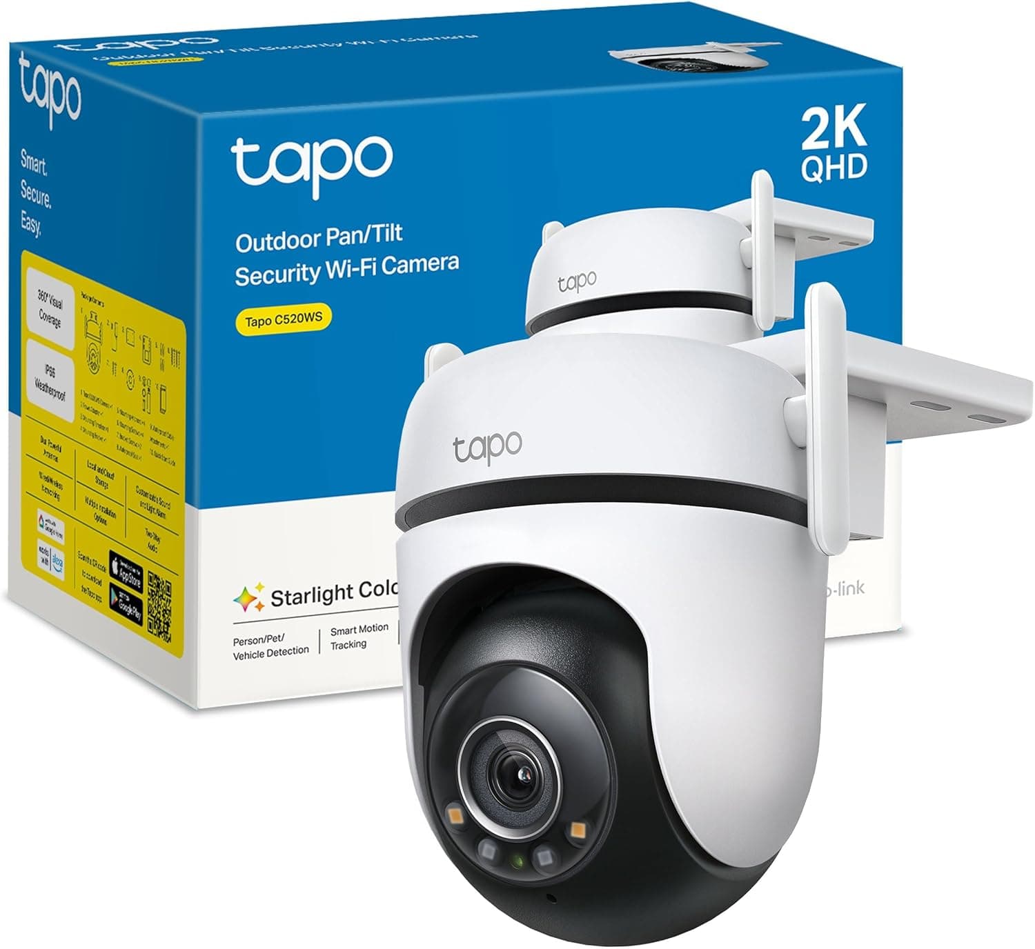tapo C520WS Câmara de vigilância Wi-Fi exterior de 360°, resolução QHD de 2K, visão noturna a cores Starlight, detecção de IA múltipla, rastreamento de movimentos, IP66