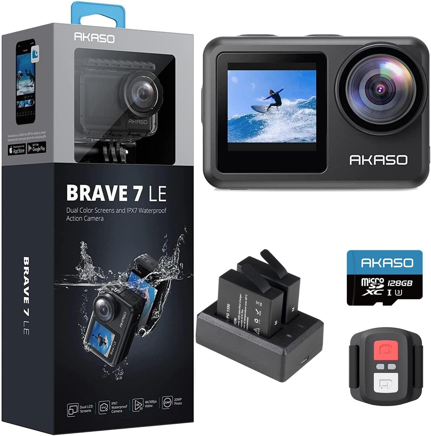 AKASO Brave 7 LE Câmara desportiva 4k30FPS 20MP WiFi com cartão de memória U3 de 128 GB, câmara aquática submergível 40 M IPX7, resistente à água, EIS, ecrã tátil
