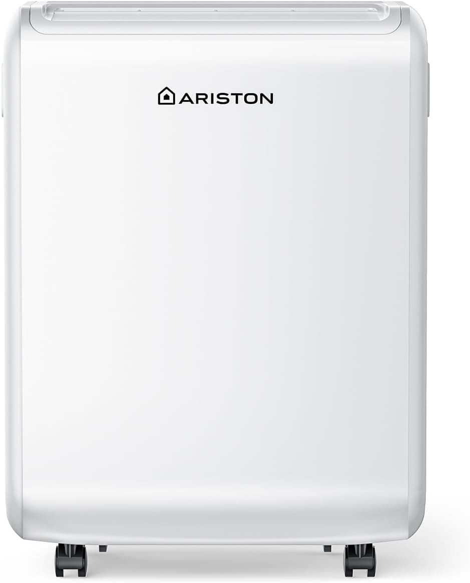 Ariston, Deos 12 Deshumidificador silencioso baixo consumo com rodas e temporizador, 12 L/dia, desumidificadores de humidade 35 m², EJOOY 22,5 x 35 x 47 cm