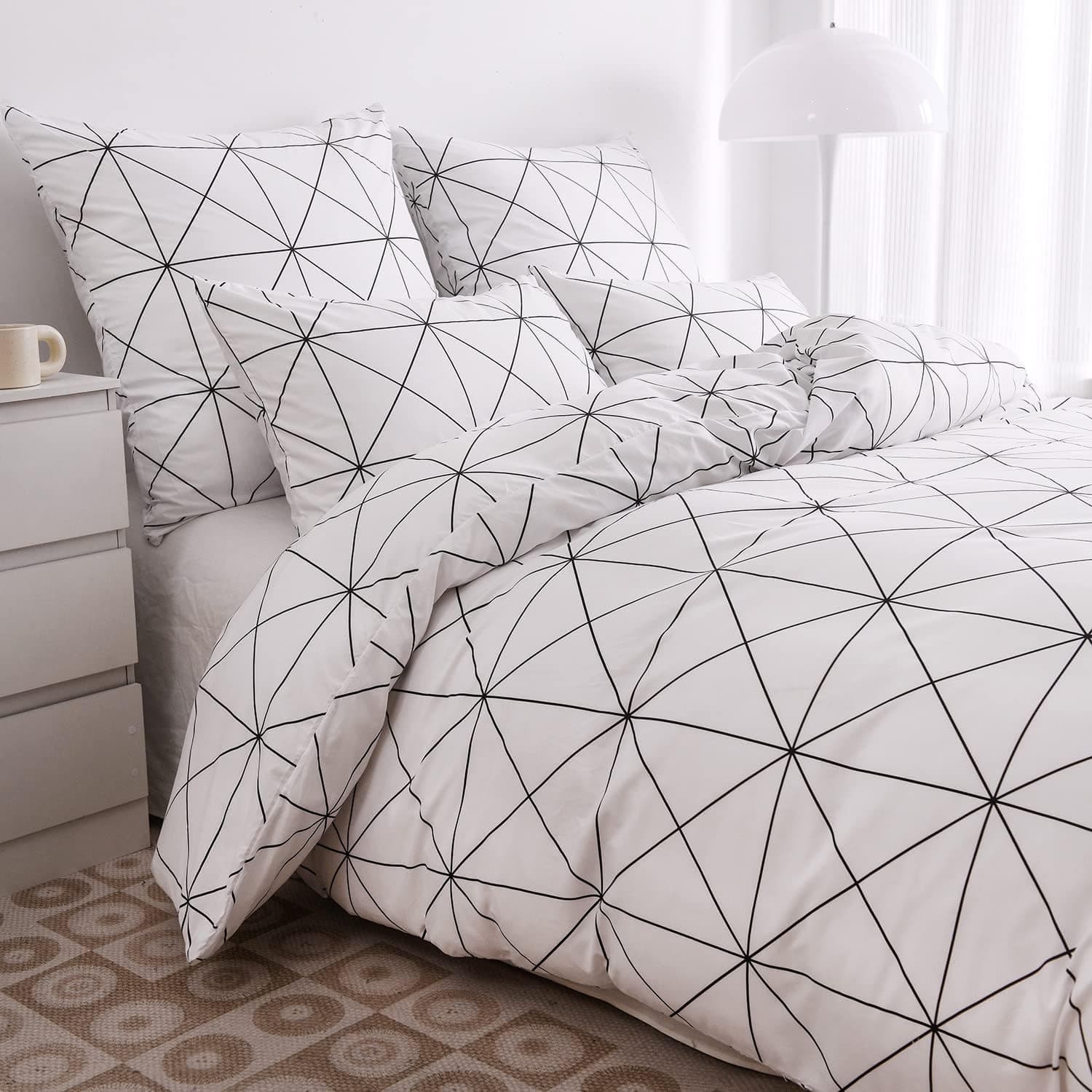 Capa nórdica quadriculada de 200 x 200 cm, preto e branco, geométrico, conjunto de cama de 2 pessoas, conjunto moderno de roupa de cama lisa, conjuntos de capa de edredão com fecho de correr e 2 x 65