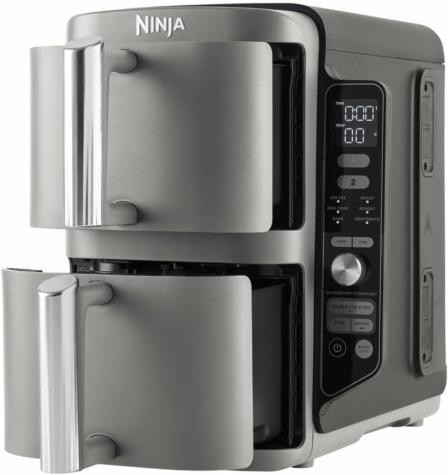 Ninja Double Stack XL Fritadeira de ar, 9,5 l, cesta vertical dupla, 4 níveis de cozedura, 2 cestas e 2 grelhas, design para economizar mais espaço, 6 funções de cozedura, 8 porções, em cinzento