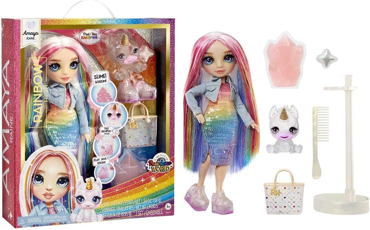 Rainbow High Fashion Doll with Slime Kit & Pet - Amaya (arco-íris) - boneca cintilante de 28 cm com ciano brilhante DIY, animal de estimação mágico e acessórios de moda - brinquedo infantil - 4-12