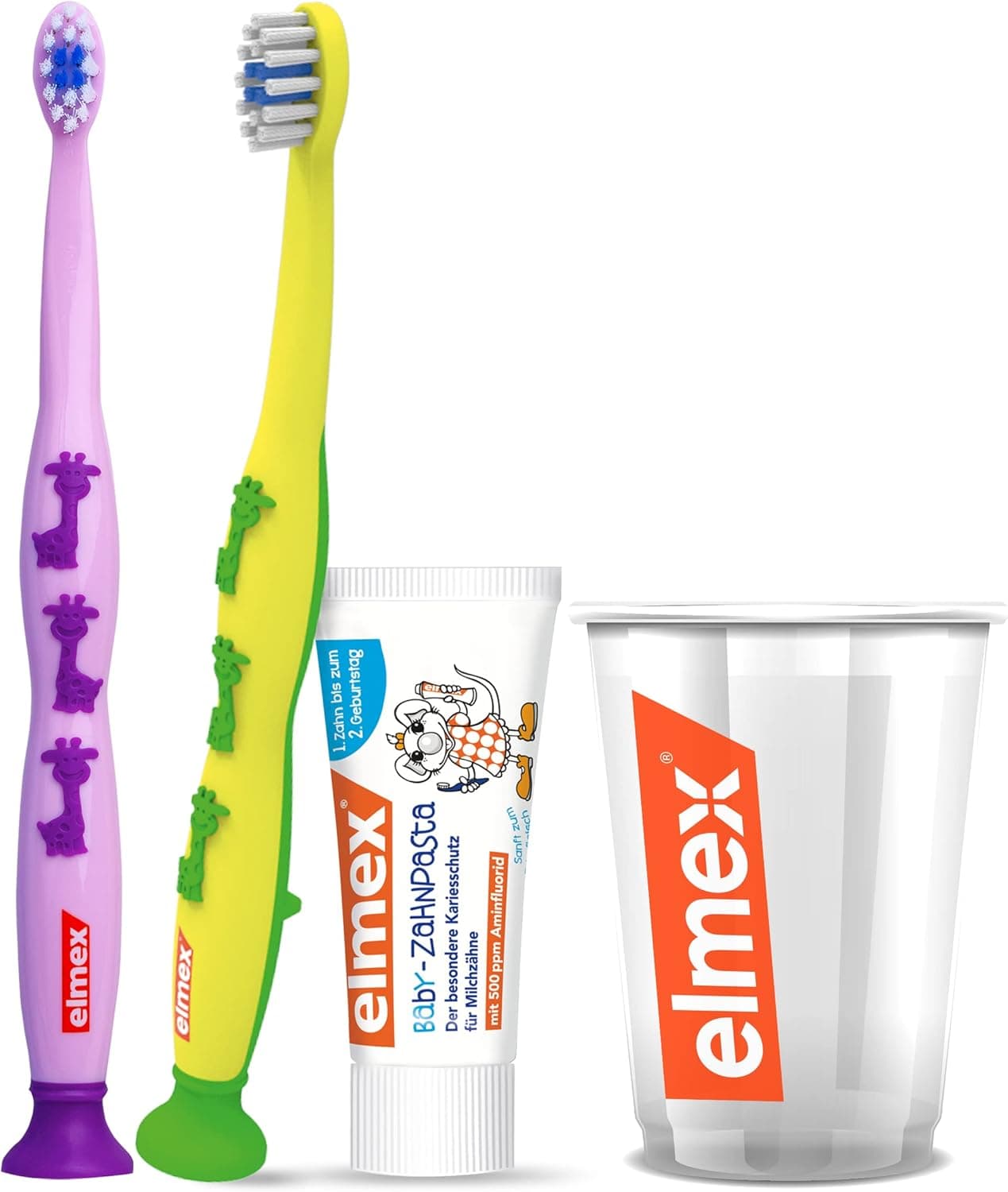 Elmex Baby Dental Care, conjunto de pasta de dentes, 2 escovas de dentes e uma caneca, para crianças dos 0 aos 2 anos, 4 unidades