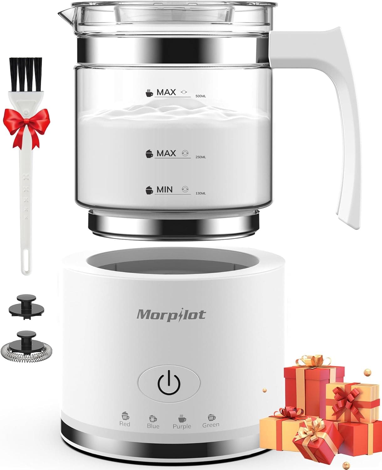 morpilot Espumador de leite elétrico 500 ml, aquecedor de leite 4 em 1 para frio e quente, acessório de vidro removível, design latte, vidro visual, adequado para máquina de lavar louça, branco
